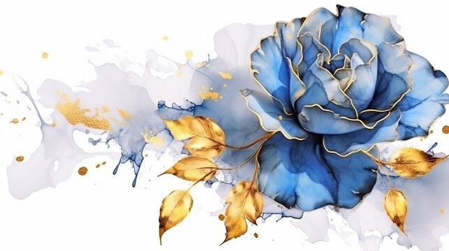 Creative design background with blue rose flower and gold on white background 