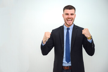 Portrait of happy young businessman business man happy success Showing a happy expression with satisfaction looking at the camera in the office white wall background