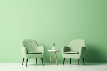 Two Armchair with single table isolated on pastel background. Generative ai