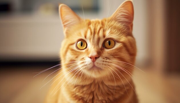 A curious alert cat staring. A orange ginger cat looking at a camera. A cat head framed in a photo.