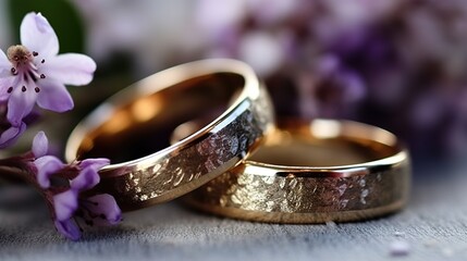Obraz na płótnie Canvas Golden wedding rings and flowers, close up. Generative AI