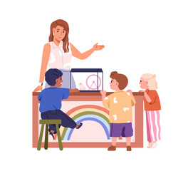 Kindergarten teacher telling toddlers kids about hamster pet, animal. Little preschool children class, boys, girls, listening to nursery educator. Flat vector illustration isolated on white background