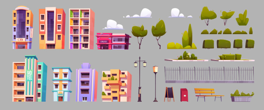 City Infrastructure Elements With Urban Building, Park Kit, Fence, Bush And Tree Isolated On Background. Library House, Restaurant And Hotel With Signboard Clipart To Construct Custom Cityscape Street