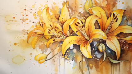 Floral watercolor alcohol golden ink with lily flower.  - obrazy, fototapety, plakaty