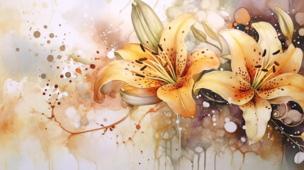 Floral watercolor alcohol golden ink with lily flower. 