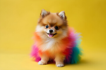 Obraz premium Cute Pomeranian puppy with colourful rainbow fur studio shot portrait