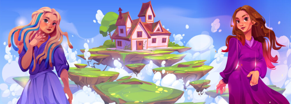 Magic house in sky and standing woman. Fairy tale about opposite good and evil opposite kingdom character. Floating rock heaven island with buildings architecture scenery. Witch mansion air landscape