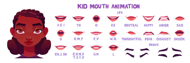 Black kid girl character mouth and lip animation vector cartoon design. Child speak letter pronunciation and emotion expression. Sync english letter to face movement construction set. Female avatar