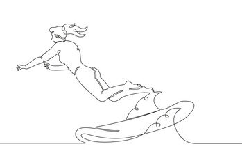 One continuous single drawn line art doodle girl jumping from the surf board waves . Isolated image hand drawn outline white background. Summer sea sun beach.