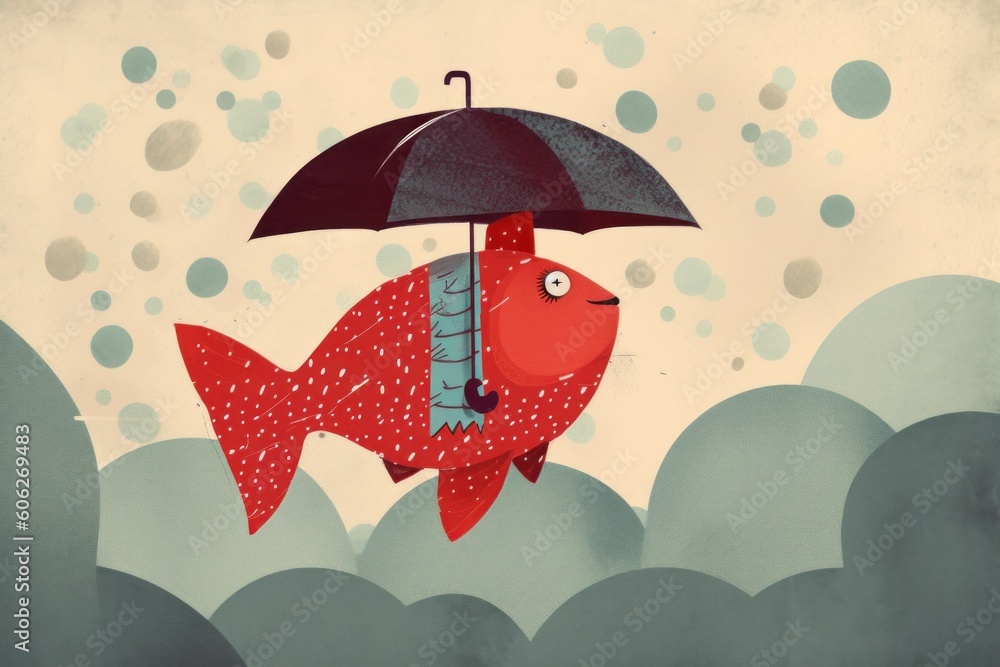 Poster a fish with an umbrella floating in the air. generative ai image.