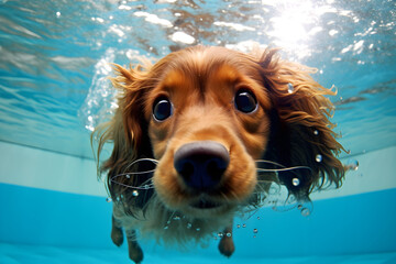 Cute Spaniel puppy swimming underwater close up funny portrait