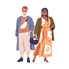 Fashion stylish family couple. Modern man and woman wearing outfits, party apparels in trendy style. Happy elegant attractive people. Flat graphic vector illustration isolated on white background