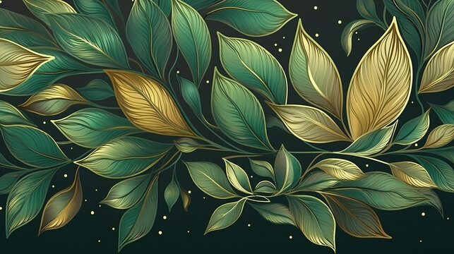 Green and gold leaves decorative greeting card post. Generative AI