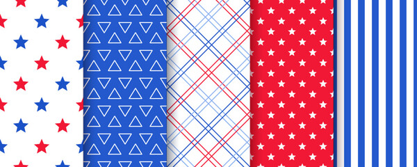 America independence day backgrounds. Seamless pattern. 4th july patriotic textures. American flag prints. Set of blue red geometric backdrops with stars stripes and plaid. Vector illustration.    - obrazy, fototapety, plakaty