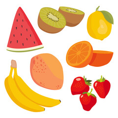 Summer fruit illustration set. Collection of various fruits in a modern colored flat style. Isolated graphics of watermelon, kiwi fruit, banana, mango, orange, lemon and strawberries. 