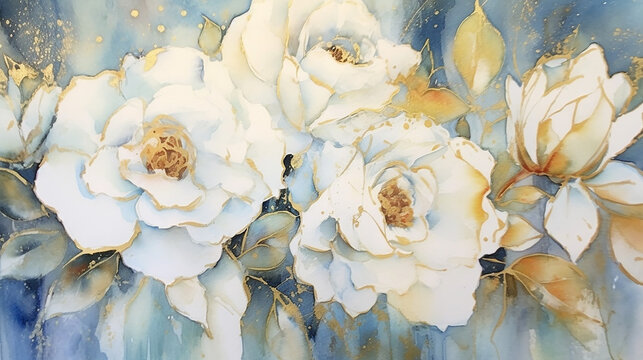 Romantic watercolor white roses wedding golden alcohol ink 