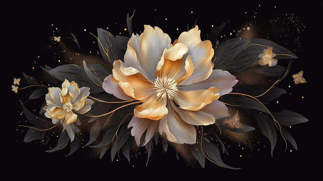 Showcase a watercolor gold flower art with a black background. 