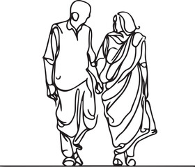 Old Couple walking holding hands line art vector 