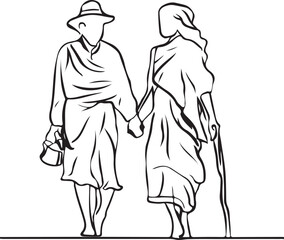 Fototapeta na wymiar Old Couple walking holding hands line art vector 