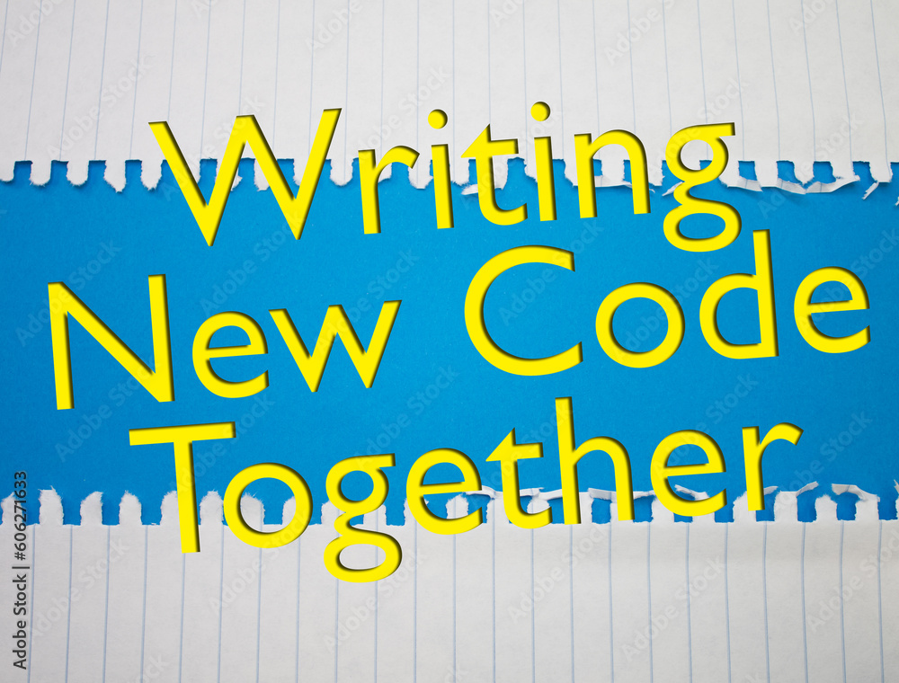 Poster writing new code together text with torn, crumpled white paper on colored background.
