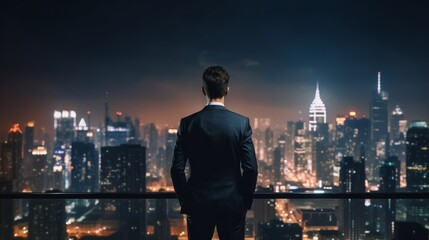 Fototapeta na wymiar Young and successful businessman looks at the city's night skyline, full of ambition and determination. Generative AI