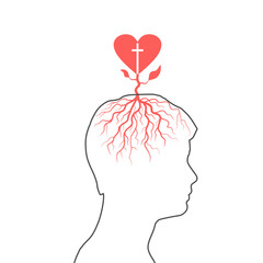 Heart shaped tree with christian cross rooted in male head. Christianity concept illustration.