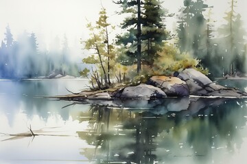 Beautiful watercolor autumn landscape with lush colorful autumnal trees on the shore of calm forest lake or pond at sunny fall day. Digital art painting from my own 3D rendering file , generate ai
