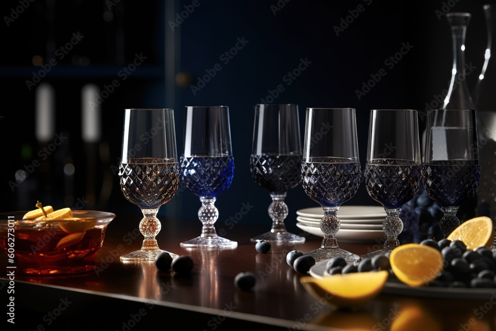 Poster a number of wine glasses arranged in a cluster on the table. generative ai