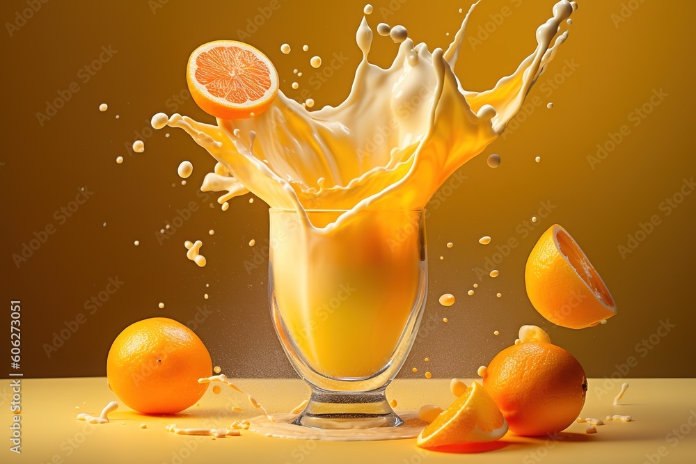 Poster a segment of orange falling into a glass of freshly squeezed orange juice generative ai