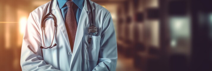 Fototapeta na wymiar Doctor standing on blurred medical background. Generative AI