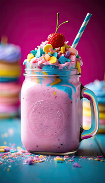 A crazy overloaded colorful milkshake in a glass with multiple sprinkles and candys.