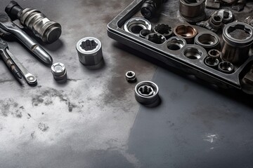 Set of tools and instruments on a black background. Top view