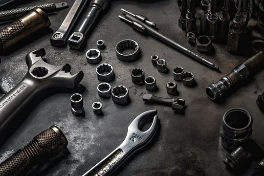Set of tools and instruments on a black background. Top view