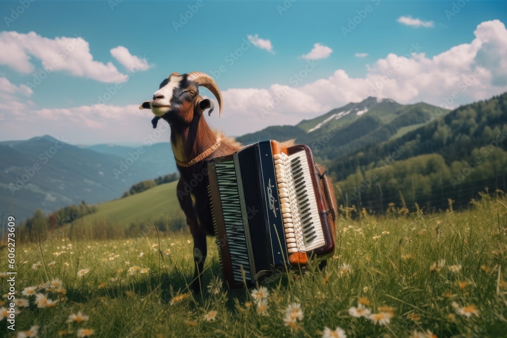 Poster A goat standing in a field with an accordion. Generative AI image.