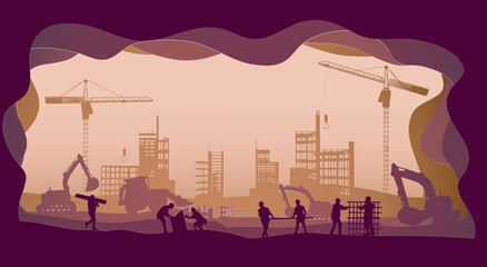 Silhouette engineer and  construction team working at site.Vector paper cut style.