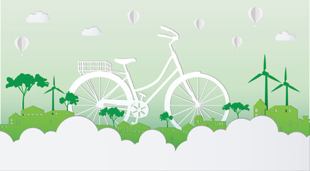 Bicycle with green eco cityscape abstract paper cut background.Vector paper cut style.