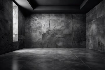 Dark black and gray abstract cement wall and interior textured studio room for product display. Wall background	