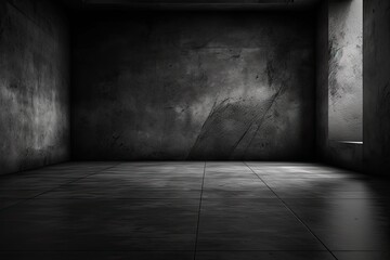 Dark black and gray abstract cement wall and interior textured studio room for product display. Wall background	