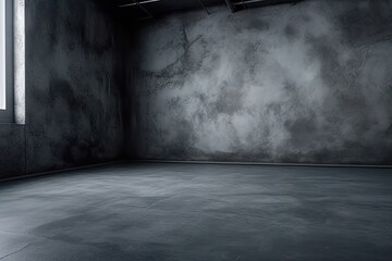 Dark black and gray abstract cement wall and interior textured studio room for product display. Wall background	