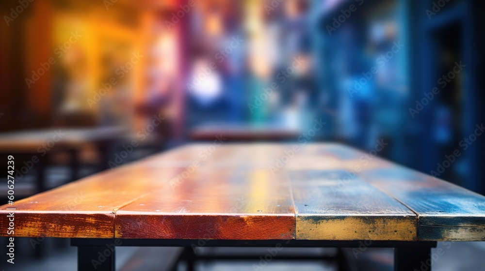 Poster a table made of wood, with a hazy backdrop behind it generative ai