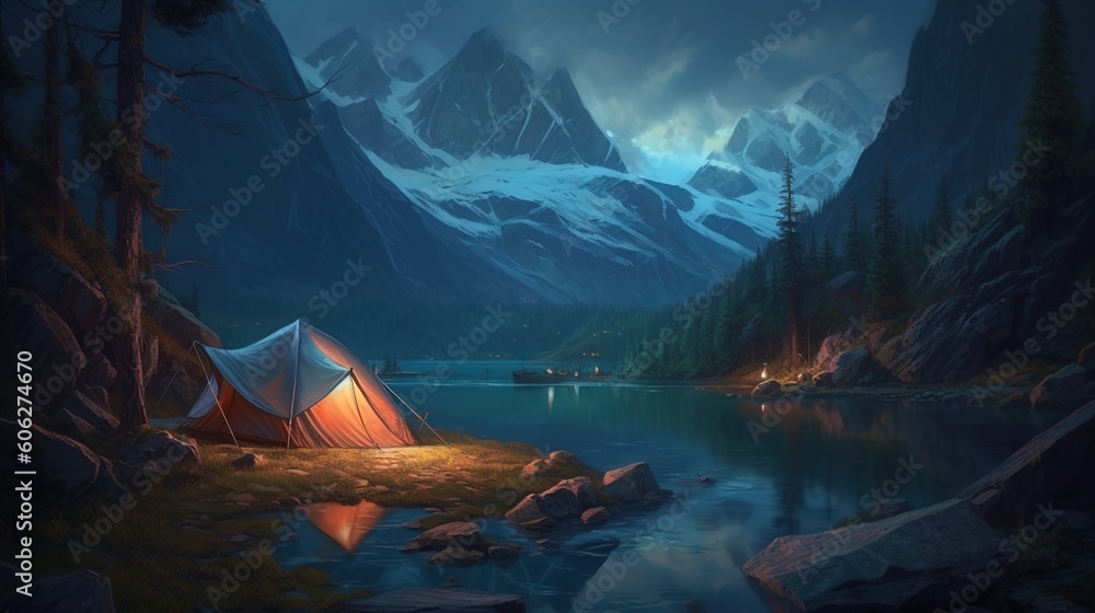 Poster an example of a tent pitched in the wilderness next to a lake generative ai