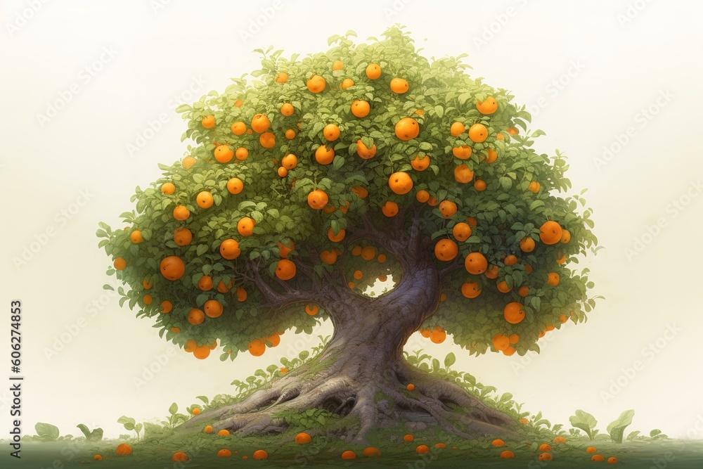 Poster a tree that produces oranges and has oranges growing on it generative ai