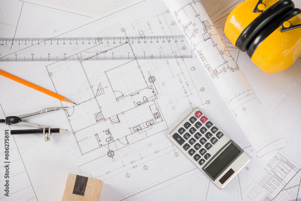 Poster architectural project workplace. top view of house plan blueprint paper with repair tools on table d