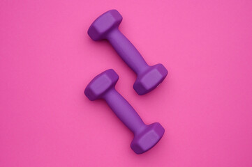The layout of two rubberized dumbbells of 2 kg of purple color on a pink background, top view.Sports training