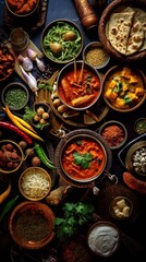 Fototapeta na wymiar Top view of a colorful assortment of Indian food beautifully arranged on a table. The rich flavors and vibrant culinary culture of India. Generative AI