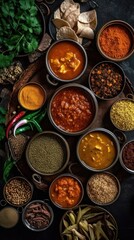 Obraz na płótnie Canvas Top view of a colorful assortment of Indian food beautifully arranged on a table. The rich flavors and vibrant culinary culture of India. Generative AI