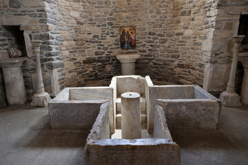 Baptismal basin of the baptistery-Panagia Ekatontapyliani or Church of Our Lady of the Hundred Gates-Parikia, Paros, Cyclades, Greece