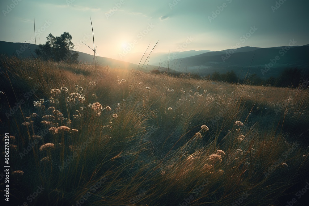 Aufkleber a scene of a tall grass field with the sun beginning to set in the backdrop generative ai