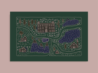 doodle map. hand drawn of village, mountain, leak, road, trees, houses and building