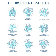 Trendsetter turquoise concept icons set. Social media. New approach. Predictive analytics. Marketing strategy. Trend setter idea thin line color illustrations. Isolated symbols. Editable stroke